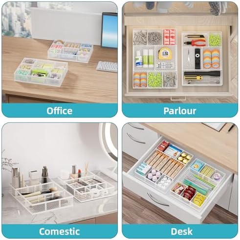 Marbrasse 2 Pack Desk Drawer Organizer, Mesh Drawer Organizer Tray with 8 Adjustable Compartments, Desk Organizers and Accessories, 5 Dividers for Office Supplies, Makeup & Vanity (White)