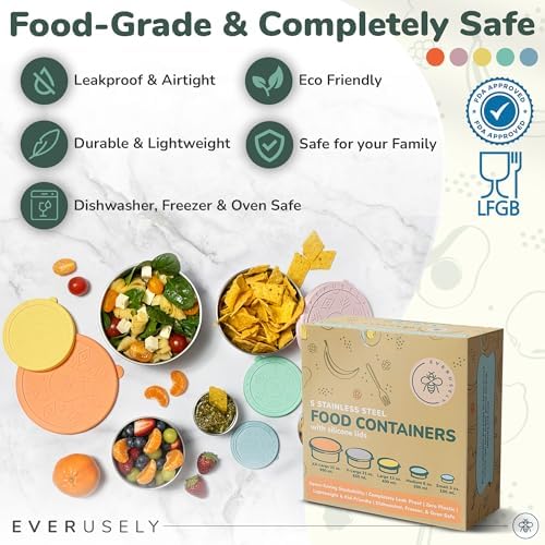 Stainless Steel Food Containers, Metal Lunch Boxes, Set of 5, Bright
