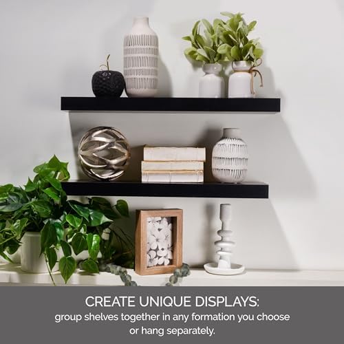MELANNCO Floating Shelves for Wall Set of 2, Black Wood Wall Shelves with Pole Mount, 23.6 x 5.17 x 1.5 in, Modern Wall 