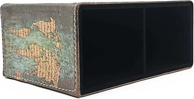 Pen Holder, Rectangle Vintage Pencil Holder with 2 Compartments, PU Leather Art Remote Control Holder Organizer Storage for Desk Accessory (World Map)