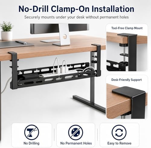 No Drill Under Desk Cable Management Tray, Adjustable 17.6"-27.4" Clamp-On Metal Cable Tray for Power Strip, Under Desk 