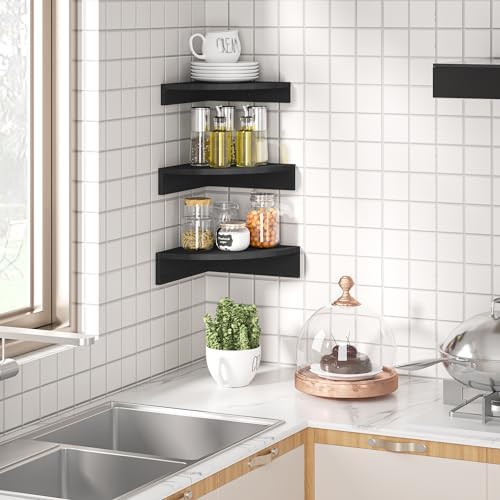 Alsonerbay Wood Corner Floating Shelves with Graduated Size 3-Pack, Black