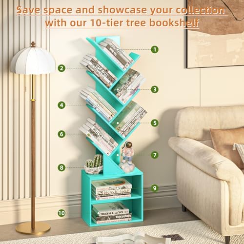 SHEEPAM 10-Tier Tree Bookshelf Floor Standing Narrow Space Storage Bookcase