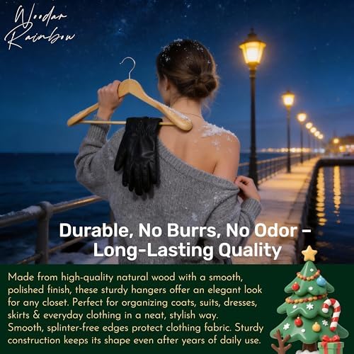 Luxury Wide Shoulder Wooden Suit Hangers with Pants Bar, Classic Solid Wood Jacket Clothes Hangers Smooth Finish for Sweater Dress Pants Sport Coats (Natural, 6 Pack)