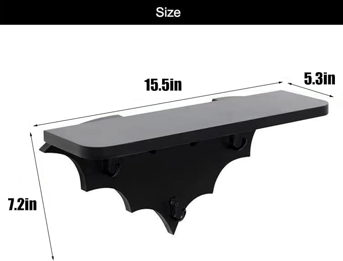 Bat Shelf Floating Shelves for Wall,15.5 inch Wall Shelf with 3 Key Hooks,Black Shelves for Living Room Bedroom Kitchen Gothroom