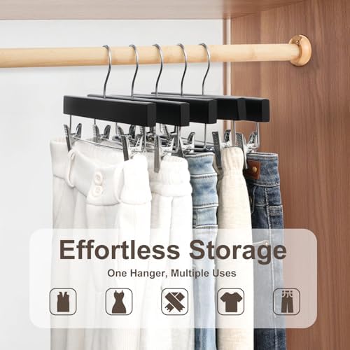 BAGAIL 10 Pack Wooden Pants Hangers with Adjustable Clips, 360°Swivel Hook Space Saving Skirt Holders with Anti-Rust Clips for Trousers, Jeans, Shorts (Black)