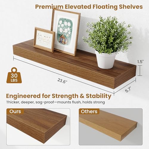 Fun Memories Floating Shelves Set of 2, 24 Inch Floating Shelves for Wall, Wood Wall Shelves with Invisible Brackets, fo