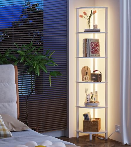 VIMBER Corners Shelf with LED Light, 6-Tier Corner Bookshelf, Industrial Corner-Ladder Shelf, Modern Display Shelf for L