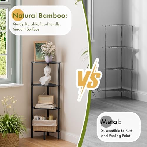 Corner Shelf Stand, 4 Tier Corner Bookshelf, Bamboo Storage Standing Shelf Unit, Tall Storage Plant Stand,Bookcase for L