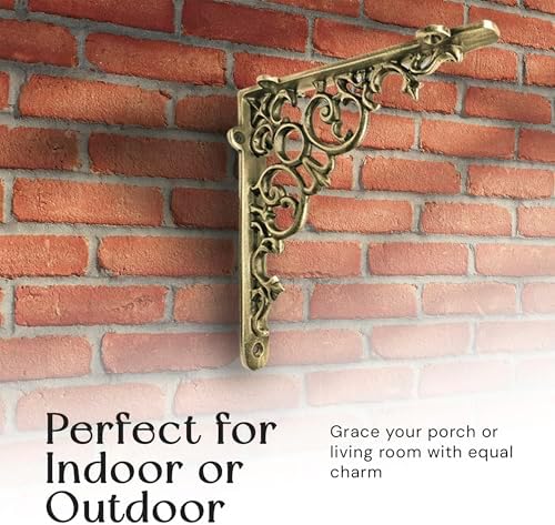 NACH Decorative Shelf Brackets, 4 Pack of 8 x 1.6 x 8 inch, Cast Iron, Brass Finish Shelf Support Bracket - Metal Shelf 