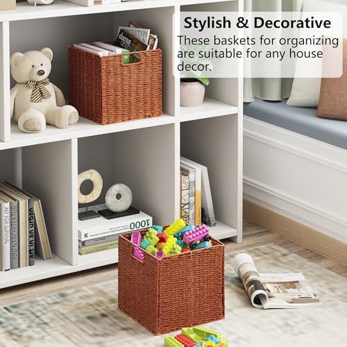 Vagusicc Wicker Storage Basket, Set of 2 Hand-Woven Paper Rope Wicker Basket, Foldable Cube Storage Bins, 9 inch Square 