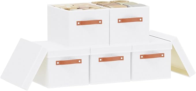 Storage Boxes with Lids, 10.2×7.8×6.7 Inch Storage Baskets, Closet Organizers for Shelves Organizing with Handles, White, 5-Pack