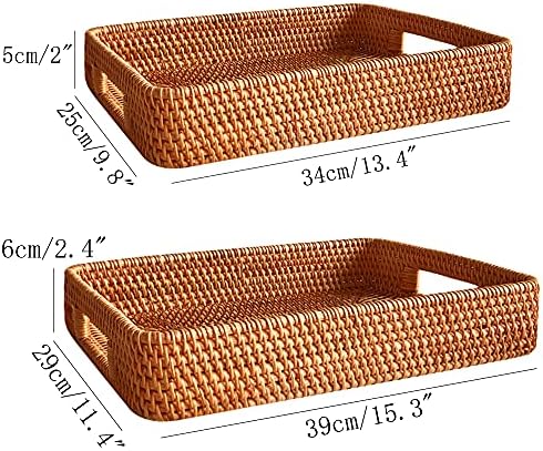 i-lan 2 Pack Natural Rattan Serving Trays with Handles – Handwoven Rectangular Wicker Baskets for Food, Bread, Fruit | D