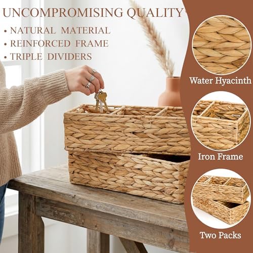 Pumtus 2 Pack 3-Section Woven Baskets, Water Hyacinth Storage Bin, Handwoven Desk Organizer, Toilet Paper Container, Rec
