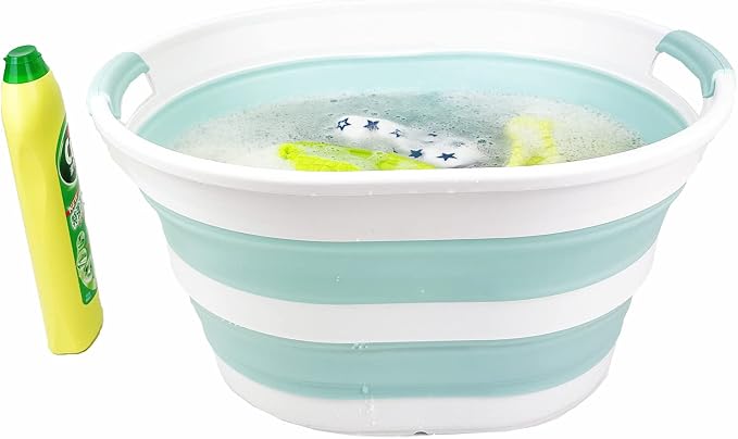 SAMMART 23L (6 Gallons) Collapsible Plastic Laundry Basket - Oval Tub/Basket - Foldable Storage Container/Organizer - Portable Washing Tub (White/Lake Green (Set of 2))