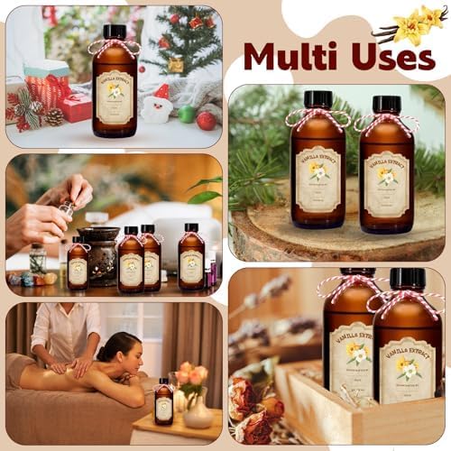 12 Pack 2 Ounce Amber Glass Bottle with Lids Vanilla Extract Homemade Brown Bottle 2 oz and 12Pcs Vanilla Extract Stickers for Syrup Gift Glass