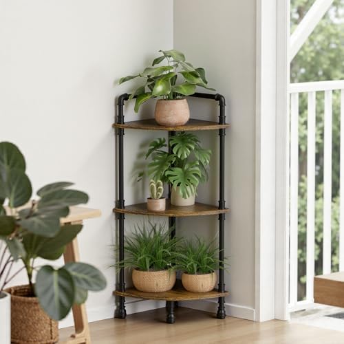 Aduanbang Fun Memories 3-Tier Corner Shelf Stand, Grey Storage Bookshelf for Bathroom, Living Room, Kitchen, Home Office