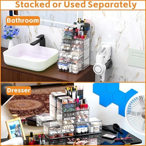 Cq acrylic Make Up Organizers for Vanity With 14 Drawers, 4 Pack Clear Drawer Organizers,Plastic Cute Desk Accessories O