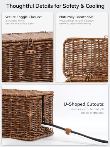 BROWNLILY Cable Management Box, Rattan Style Cord Organizer for Desk Cord Hider Outlet Covers for Power Strip Router Cha