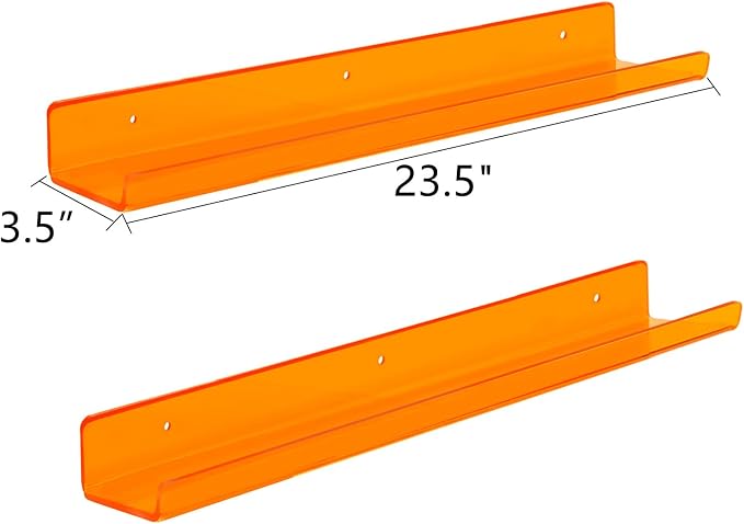 ROYALITA 2-Pack Acrylic Shelves Wall Mounted, 24 Inch Floating Shelves | for Small Items Plants Organize Wall Shelves for Gaming Room, Bedroom, Living Room, Office, Orange