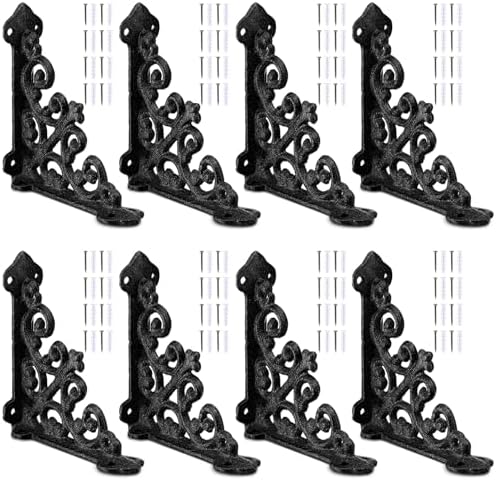 Blulu 8 Pcs Decorative Cast Iron Shelf Bracket L Vintage Bracket, Black