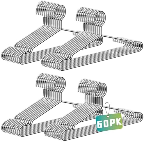 Wire Hangers 60 Pack, Heavy Duty, Space Saving, Stainless Steel, Silver, 16.5inches Closet Hangers for Hanging Coats, Suits, Jackets, Shirts,T-Shirt