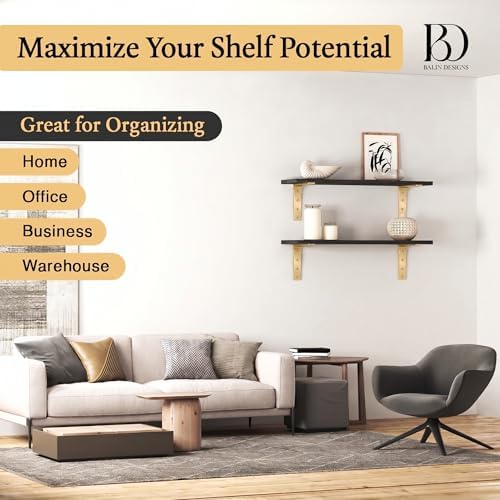 4 Pack Heavy Duty Brass Shelf Brackets 16 Inch by Balin Designs – Decorative L Bracket for Shelves, Metal Shelf Support 