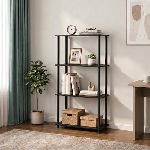 Furinno Turn-N-Tube Toolless Assembly Storage Shelves, 4-Tier Black Book Shelf, Open Storage Bookshelf, for Organization