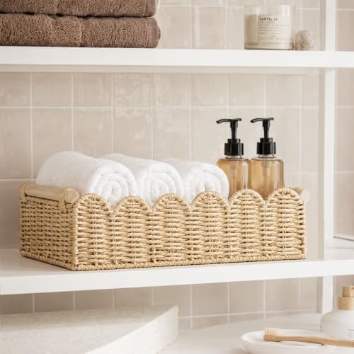 Upgraded L Scalloped Wicker Basket with Wood Handle
