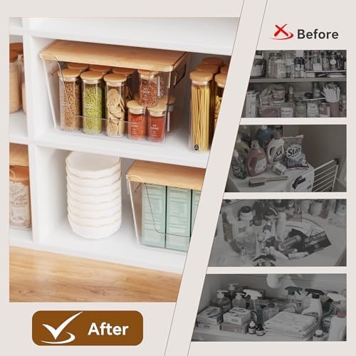 Criusia 3 Set Pantry Organizers and Storage with Bamboo Lids, Stackable Clear Bins for Onion, Potato, Fruit, Vegetables,
