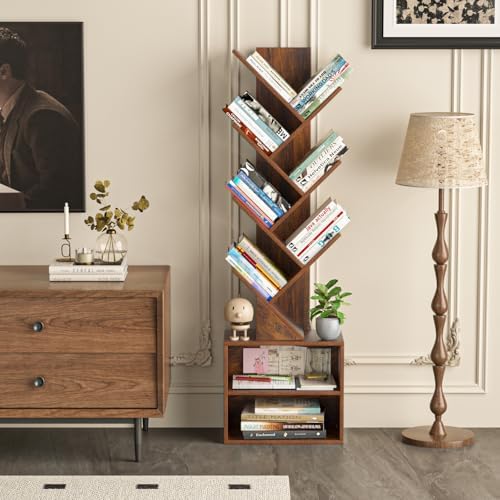 SHEEPAM 10-Tier Tree Bookshelf Floor Standing Narrow Space Storage Bookcase