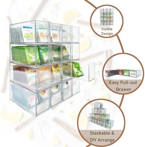 AZEZO 16-Pack Tea Bag Drawers Organizer - 16 Clear Plastic Drawer Tea Bag Holder; Stackable & Portable; Wider Size; Well