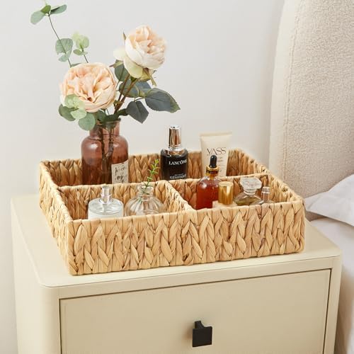 Vagusicc Wicker Divided Storage Basket, Hand-Woven Water Hyacinth Wicker Baskets, Basket for Drawer Organizing, 3 Sectio