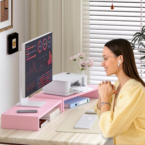 TEAMIX 2 Pack Pink Monitor Riser-20L inch, Cute Monitor Stand for Desk, Wood Sturdy TV/Screen/PC/Printer/Laptop Riser, C