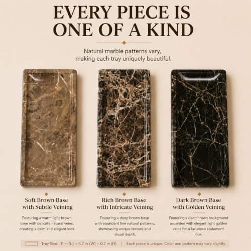 Brown Marble Vanity Tray, Small Genuine Stone Decorative Tray for Bathroom Counter, Perfume, Cologne, Jewelry, Candle, C