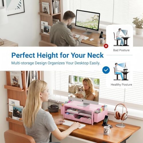 OPNICE Desk Organizers and Accessories, Computer Monitor Stand Riser with Drawer and 2 Pen Holders, Printer & Laptop Sta