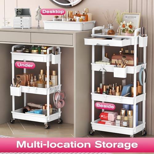 Goovilla Rolling Makeup Organizer Cart with Removable Drawer, 3 Tier White