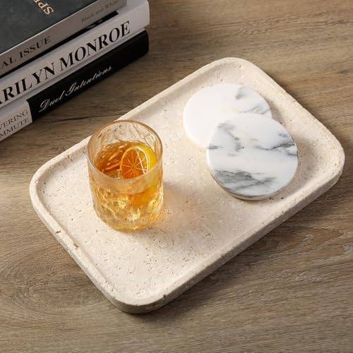 Karibiber Natural Marble Vanity Tray, 11.8" Marble/Stone Bathroom Tray Countertop, Beige Tray for Decor, Perfume Jewelry