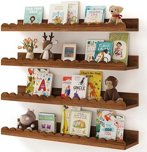 Shario Nursery Book Shelves, 4-Pack White Floating Shelves for Wall Kids, Scalloped Shelves, Wall Book Shelves for Bedro