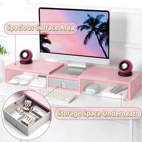 TEAMIX Pink Dual Monitor Stand Riser with Drawer - Length and Angle Adjustable Double Corner Desk Shelf Organizer 37 inc