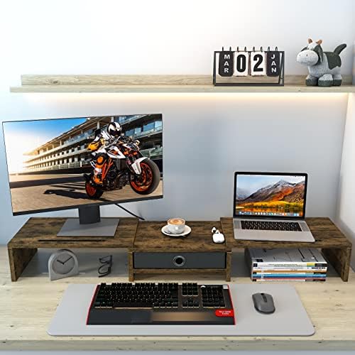 WESTREE Dual Monitor Stand Riser with Drawer, 3 Shelf Computer Monitor Riser with Adjustable Length and Angle, Desktop M