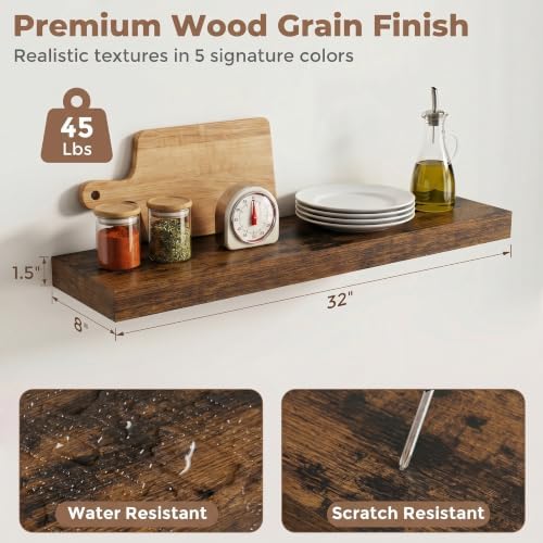 8 inch Deep Floating Shelves for Wall, 32" Wide, Rustic Brown, 2-Pack
