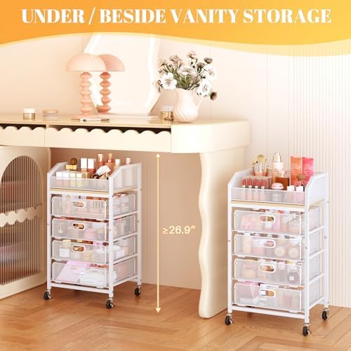SUNALLY Rolling Makeup Cart with Drawers, Rolling Vanity Nail Cart, White