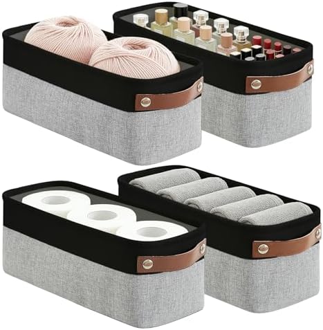 Bagnizer Small Fabric Storage Baskets, 15x6x5 inch Narrow Storage Bins 4-Pack Long Storage Basket for Organizing with Ha