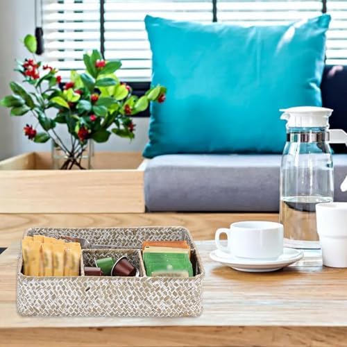 BTSKY Desk Drawer Organizer Tray, Coffee Station Organizer Tea Bag Organizer, Woven Seagrass Storage Basket with 4 Divided Sections Handwoven Wicker Basket for Shelves, Pantry, Coffee Bar (White)