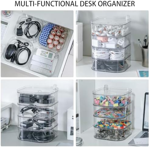 Large Charger Cable Storage Box with Lid, 4-Tiers, Clear