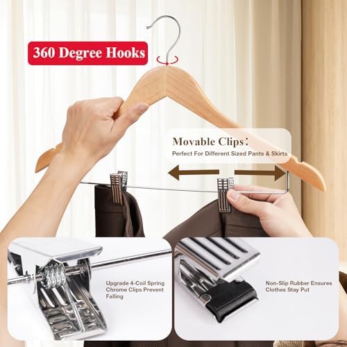 Wooden Hangers with Clips 24 Pack Wooden Pants Hangers,Skirt Hangers with Adjustable Clips,Hangers for Pants,Jeans,Slacks,Shorts（Natural）