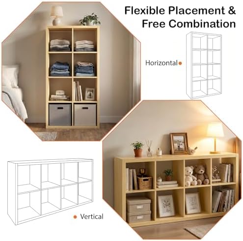 WannabeMyself【2026 Wooden Thick Frame】 8 Cube Storage Organizer with Anti-Tipping Kits, Reversible Open Back Book Shelf,