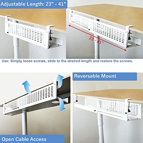 AEONS Under Desk Cable Management Tray Kit - Horizontal Adjustable up tp 41” Desk Organizer Removable C Clamp Mount Reve