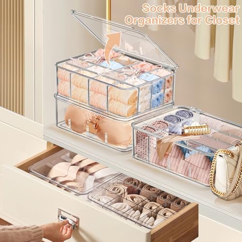 2pcs Sock Underwear Organizer, Sunoyar 16 Compartment Adjustable Dividers Tie Bras Socks Underwear Drawer Organizers for Closet, Clear Plastic Storage Containers Box with Lids for Ties Bra Scarf Socks